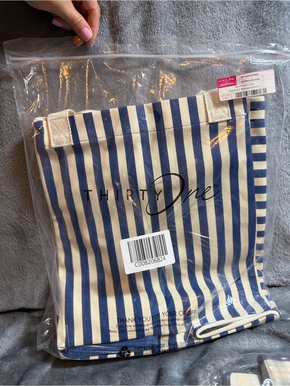 thirty-one Blue & Cream Vertical Stripe Canvas Tote